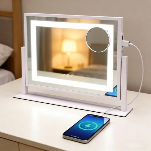 SANYCASA Vanity Mirror with Lights, Lighted Makeup Mirror with Touch Control & 3 Color Modes, 10X Magnification & Dimmable LED, USB Charging Port, Desktop Tabletop Mirror for Makeup (24x19 Inch) in Saudi Arabia