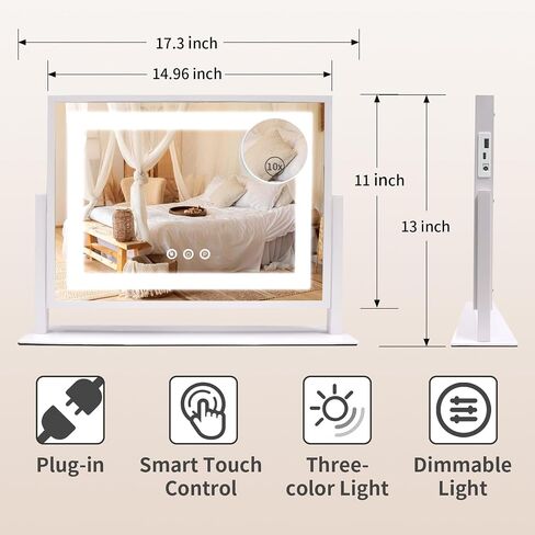 SANYCASA Vanity Mirror with Lights, Lighted Makeup Mirror with Touch Control & 3 Color Modes, 10X Magnification & Dimmable LED, USB Charging Port, Desktop Tabletop Mirror for Makeup (24x19 Inch) in Saudi Arabia