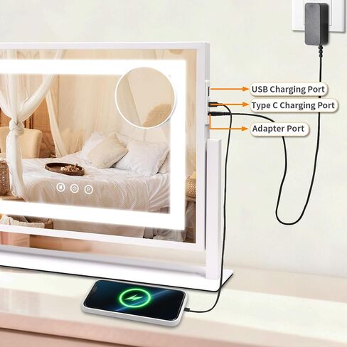 SANYCASA Vanity Mirror with Lights, Lighted Makeup Mirror with Touch Control & 3 Color Modes, 10X Magnification & Dimmable LED, USB Charging Port, Desktop Tabletop Mirror for Makeup (24x19 Inch) in Saudi Arabia