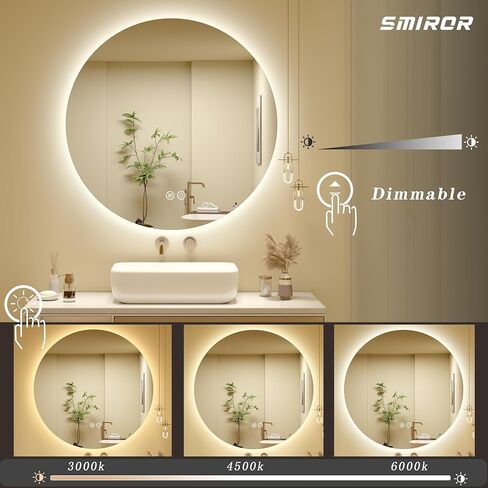 SMIROR Round Led Lighted Bathroom Mirror for Wall 28", Backlit Circle Vanity Mirror with Lights, Anti-Fog, 3 Colors, Dimmable, Memory, Shatterproof in Saudi Arabia