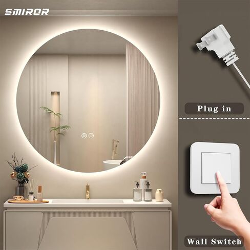 SMIROR Round Led Lighted Bathroom Mirror for Wall 28", Backlit Circle Vanity Mirror with Lights, Anti-Fog, 3 Colors, Dimmable, Memory, Shatterproof in Saudi Arabia