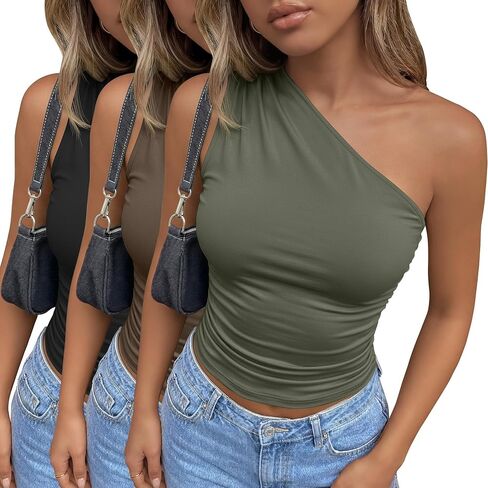 3 Pack Women's One Shoulder Tops Asymmetrical Sleeveless Shirts Ruched Slim Fit Tees Y2k Going Out Summer Crop Tank in Saudi Arabia