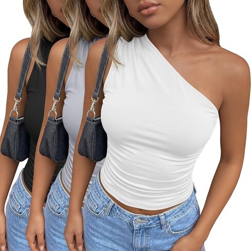 3 Pack Women's One Shoulder Tops Asymmetrical Sleeveless Shirts Ruched Slim Fit Tees Y2k Going Out Summer Crop Tank in Saudi Arabia