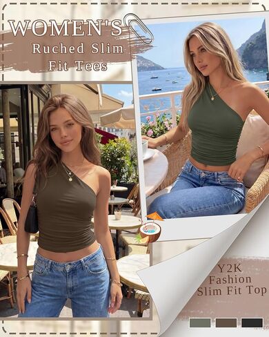3 Pack Women's One Shoulder Tops Asymmetrical Sleeveless Shirts Ruched Slim Fit Tees Y2k Going Out Summer Crop Tank in Saudi Arabia