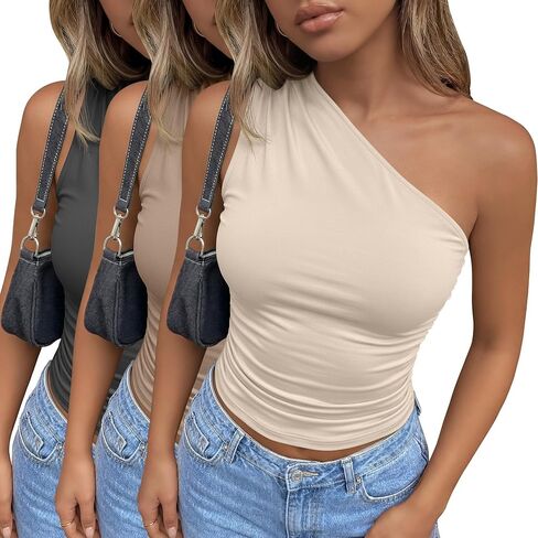 3 Pack Women's One Shoulder Tops Asymmetrical Sleeveless Shirts Ruched Slim Fit Tees Y2k Going Out Summer Crop Tank in Saudi Arabia