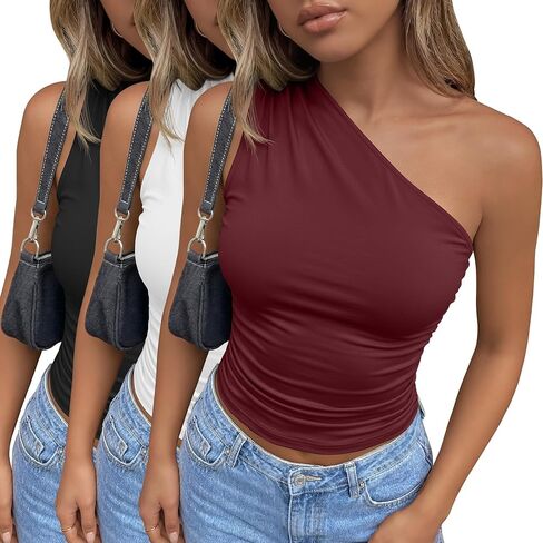 3 Pack Women's One Shoulder Tops Asymmetrical Sleeveless Shirts Ruched Slim Fit Tees Y2k Going Out Summer Crop Tank in Saudi Arabia