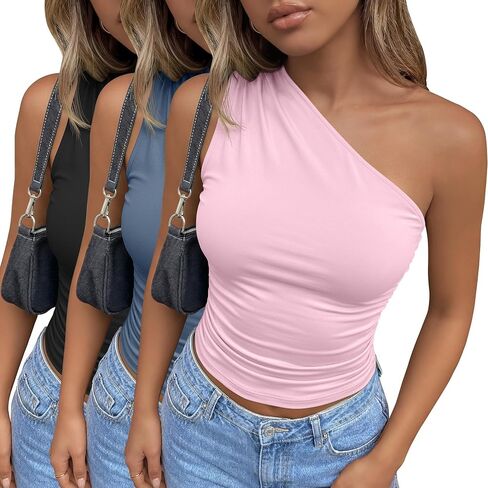 3 Pack Women's One Shoulder Tops Asymmetrical Sleeveless Shirts Ruched Slim Fit Tees Y2k Going Out Summer Crop Tank in Saudi Arabia