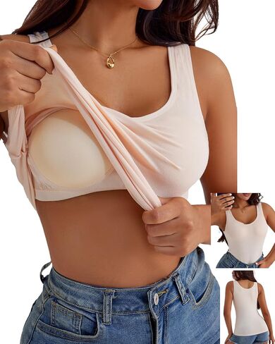 Women's Built-in Bra Tank Tops Sleeveless Casual Shirts Undershirts Fitted Cami Tank Tops in Saudi Arabia