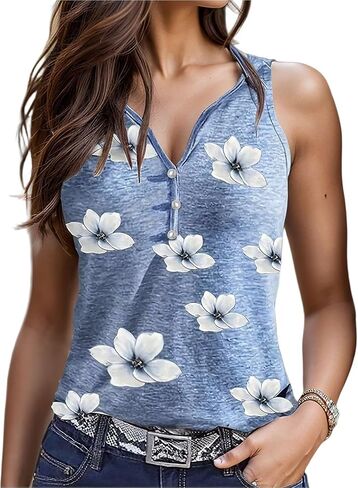 Flamingals Women's V Neck Tank Tops Sleeveless Floral Print Boho Button Front Fitted T Shirts Summer Clothes 2026 in Kuwait
