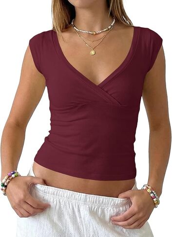 Women Y2k Minimalist Cap Sleeve V Neck Crop Tank Tops Preppy Aesthetic Slim Fit Wrap Tshirt Summer Girls Going Out in Kuwait