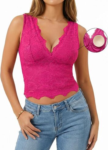Womens Lace Tank Tops Padded Camisole Double Lined Sexy V-Neck Cropped Top Sleeveless Going Out Party Cami Shirts in Saudi Arabia