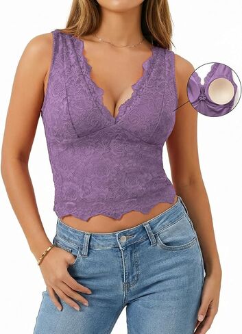 Womens Lace Tank Tops Padded Camisole Double Lined Sexy V-Neck Cropped Top Sleeveless Going Out Party Cami Shirts in Saudi Arabia