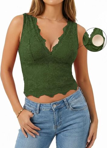 Womens Lace Tank Tops Padded Camisole Double Lined Sexy V-Neck Cropped Top Sleeveless Going Out Party Cami Shirts in Saudi Arabia