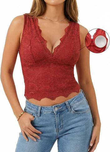 Womens Lace Tank Tops Padded Camisole Double Lined Sexy V-Neck Cropped Top Sleeveless Going Out Party Cami Shirts in Saudi Arabia