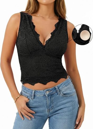 Womens Lace Tank Tops Padded Camisole Double Lined Sexy V-Neck Cropped Top Sleeveless Going Out Party Cami Shirts in Saudi Arabia