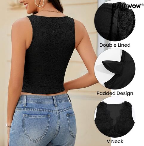 Womens Lace Tank Tops Padded Camisole Double Lined Sexy V-Neck Cropped Top Sleeveless Going Out Party Cami Shirts in Saudi Arabia