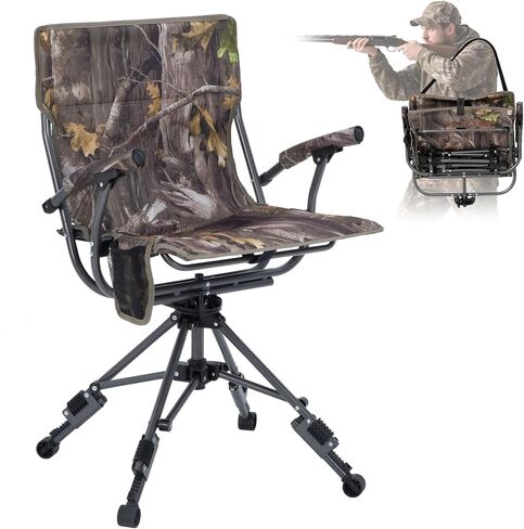 LET'S CAMP Folding Hunting Chair for Blinds 360 Degree Silent Swivel, 330LBS Capacity Portable Padded Cushion Hunting Seat with Armrest, 4 Legs Adjustable Height, Shoulder Strap, Cup Holder-CAMO in Saudi Arabia