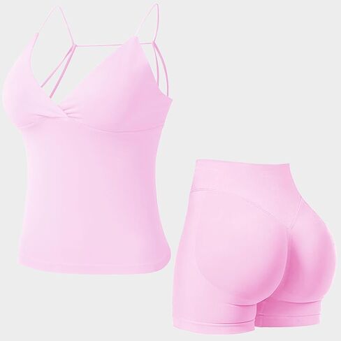 Gym Sets for Women 2 Piece Strappy Back Twist Front Longline Top Hidden Scrunch Shorts Workout Set Outfits in Kuwait