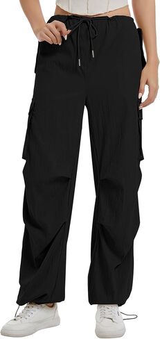 Cargo Pants Women Wide Leg Parachute Hiking Y2K Stretchy Baggy Pants with Pockets Drawstring Ankle Cuffs in Saudi Arabia