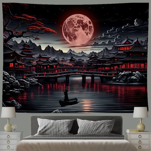 Ine Ive Japanese Landscape Tapestry Cool Red and Black Aesthetic Full Moon Mountain Riverside Wall Tapestries for Men 80x60inch Dark Nature Asian Japan Anime Art Poster for Bedroom Office Dorm Decor in Saudi Arabia