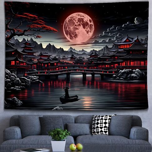 Ine Ive Japanese Landscape Tapestry Cool Red and Black Aesthetic Full Moon Mountain Riverside Wall Tapestries for Men 80x60inch Dark Nature Asian Japan Anime Art Poster for Bedroom Office Dorm Decor in Saudi Arabia