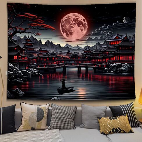 Ine Ive Japanese Landscape Tapestry Cool Red and Black Aesthetic Full Moon Mountain Riverside Wall Tapestries for Men 80x60inch Dark Nature Asian Japan Anime Art Poster for Bedroom Office Dorm Decor in Saudi Arabia