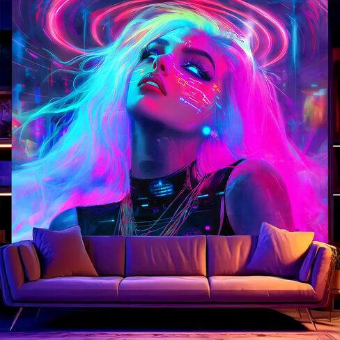 BSFHH Black Light Tapestry – UV Reactive Glow in the Dark Wall Hanging, Long-Haired Woman and Animal Black Light Tapestry, Wall Hanging Fluorescent Art Decoration, Bedroom, or Dorm (white-haired woman, 79"x59") in Saudi Arabia