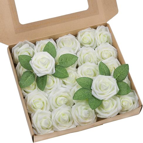 Artificial Flowers 25 Pack Elf Green Faux Foam Roses with Stems, Real Looking Fake Rose for DIY Wedding Bouquets, Bridal Shower Centerpieces, Party Table Decorations, Home Decor in Saudi Arabia