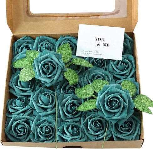 Artificial Flowers 25 Pack Elf Green Faux Foam Roses with Stems, Real Looking Fake Rose for DIY Wedding Bouquets, Bridal Shower Centerpieces, Party Table Decorations, Home Decor in Saudi Arabia