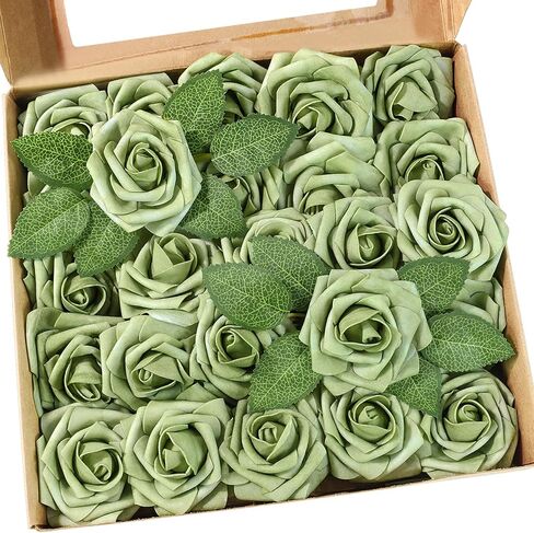 Artificial Flowers 25 Pack Elf Green Faux Foam Roses with Stems, Real Looking Fake Rose for DIY Wedding Bouquets, Bridal Shower Centerpieces, Party Table Decorations, Home Decor in Saudi Arabia
