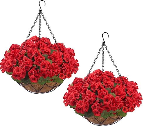 Zythrem 2 Set Artificial Geraniums for Outdoors with Hanging Baskets 16 Pcs Faux Geraniums Outdoor UV Resistant Fake Hanging Plants for Front Porch Garden Balcony Yard Patio Decor in Saudi Arabia