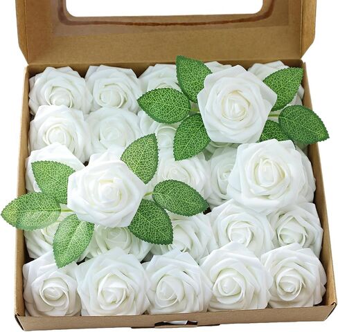Artificial Flowers 25 Pack Elf Green Faux Foam Roses with Stems, Real Looking Fake Rose for DIY Wedding Bouquets, Bridal Shower Centerpieces, Party Table Decorations, Home Decor in Saudi Arabia