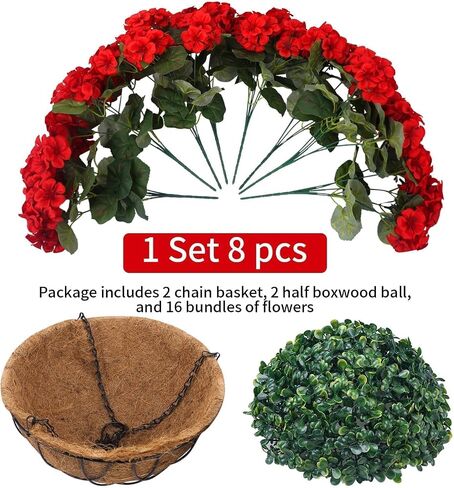 Zythrem 2 Set Artificial Geraniums for Outdoors with Hanging Baskets 16 Pcs Faux Geraniums Outdoor UV Resistant Fake Hanging Plants for Front Porch Garden Balcony Yard Patio Decor in Saudi Arabia