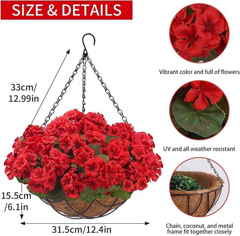 Zythrem 2 Set Artificial Geraniums for Outdoors with Hanging Baskets 16 Pcs Faux Geraniums Outdoor UV Resistant Fake Hanging Plants for Front Porch Garden Balcony Yard Patio Decor in Saudi Arabia