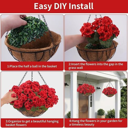 Zythrem 2 Set Artificial Geraniums for Outdoors with Hanging Baskets 16 Pcs Faux Geraniums Outdoor UV Resistant Fake Hanging Plants for Front Porch Garden Balcony Yard Patio Decor in Saudi Arabia