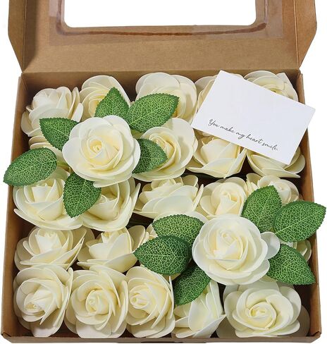 Artificial Flowers 25 Pack Elf Green Faux Foam Roses with Stems, Real Looking Fake Rose for DIY Wedding Bouquets, Bridal Shower Centerpieces, Party Table Decorations, Home Decor in Saudi Arabia