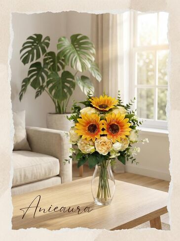 Artificial Sunflower Bouquet with Peony Flowers, Silk Sunflowers Realistic Arrangement for Table Centerpieces, Faux Sunflower Decor for Wedding Home Kitchen Office Vase Decoration in Kuwait