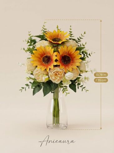 Artificial Sunflower Bouquet with Peony Flowers, Silk Sunflowers Realistic Arrangement for Table Centerpieces, Faux Sunflower Decor for Wedding Home Kitchen Office Vase Decoration in Kuwait