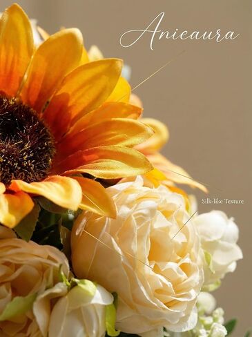 Artificial Sunflower Bouquet with Peony Flowers, Silk Sunflowers Realistic Arrangement for Table Centerpieces, Faux Sunflower Decor for Wedding Home Kitchen Office Vase Decoration in Kuwait