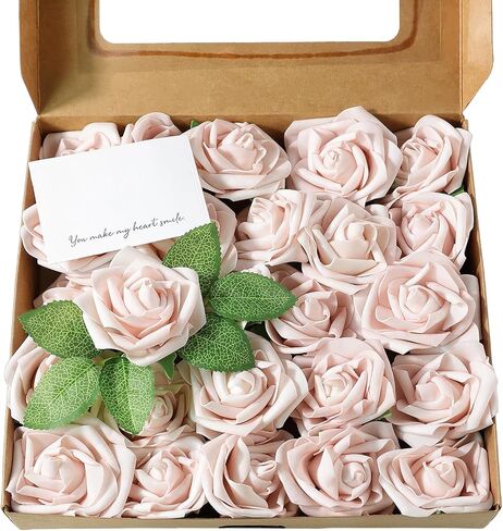 Artificial Flowers 25 Pack Elf Green Faux Foam Roses with Stems, Real Looking Fake Rose for DIY Wedding Bouquets, Bridal Shower Centerpieces, Party Table Decorations, Home Decor in Saudi Arabia