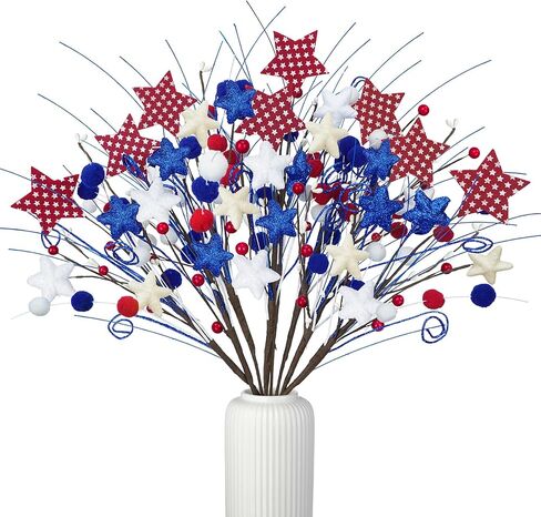 8 Pack Patriotic Floral Picks Artificial Berry Stems Picks 22" Red White and Blue Flowers with Stars 4th of July Decorations for Independence Day Home Office Restaurant Vase Decor in Saudi Arabia