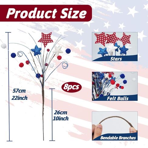 8 Pack Patriotic Floral Picks Artificial Berry Stems Picks 22" Red White and Blue Flowers with Stars 4th of July Decorations for Independence Day Home Office Restaurant Vase Decor in Saudi Arabia