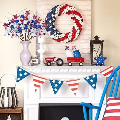 8 Pack Patriotic Floral Picks Artificial Berry Stems Picks 22" Red White and Blue Flowers with Stars 4th of July Decorations for Independence Day Home Office Restaurant Vase Decor in Saudi Arabia