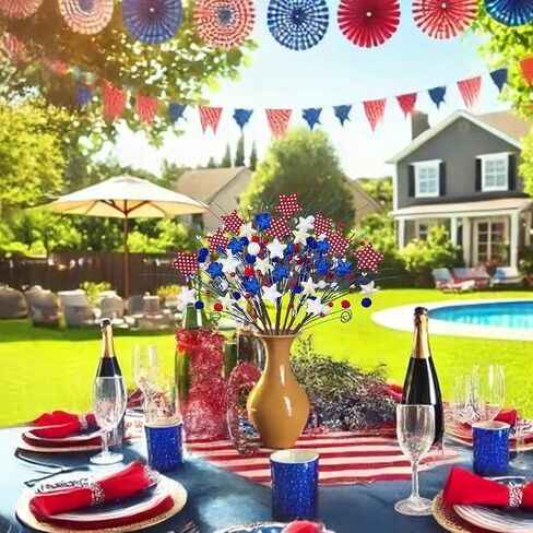8 Pack Patriotic Floral Picks Artificial Berry Stems Picks 22" Red White and Blue Flowers with Stars 4th of July Decorations for Independence Day Home Office Restaurant Vase Decor in Saudi Arabia