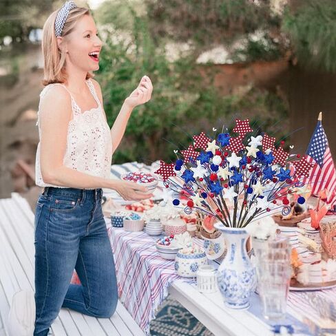 8 Pack Patriotic Floral Picks Artificial Berry Stems Picks 22" Red White and Blue Flowers with Stars 4th of July Decorations for Independence Day Home Office Restaurant Vase Decor in Saudi Arabia