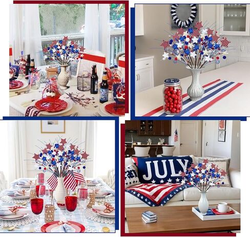 8 Pack Patriotic Floral Picks Artificial Berry Stems Picks 22" Red White and Blue Flowers with Stars 4th of July Decorations for Independence Day Home Office Restaurant Vase Decor in Saudi Arabia