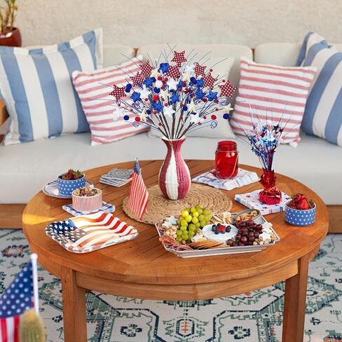 8 Pack Patriotic Floral Picks Artificial Berry Stems Picks 22" Red White and Blue Flowers with Stars 4th of July Decorations for Independence Day Home Office Restaurant Vase Decor in Saudi Arabia