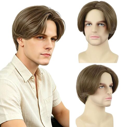 Mens Wig Short Straight Boy Wigs Ash Brown Middle Part Heat Resistant Synthetic Men Wig for Daily Cosplay Costume Halloween Party (Ash Brown) in Saudi Arabia