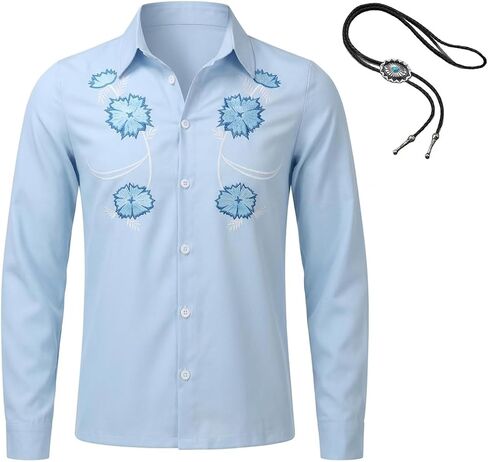 Men's Napoleon Cosplay Dynamite Costume Pedro Bomb Blue Shirts Printed Long Sleeve Casual Shirts with Bolo Tie in Saudi Arabia