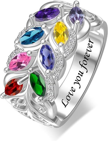 MissNaNa Personalized Women Rings for Mother with 1-8 Birthstone Mama Ring for Her Mom Ring Wheat Flower Ring Leaf Ring Mother's Day Gifts for Mom Ring for Grandma in Saudi Arabia